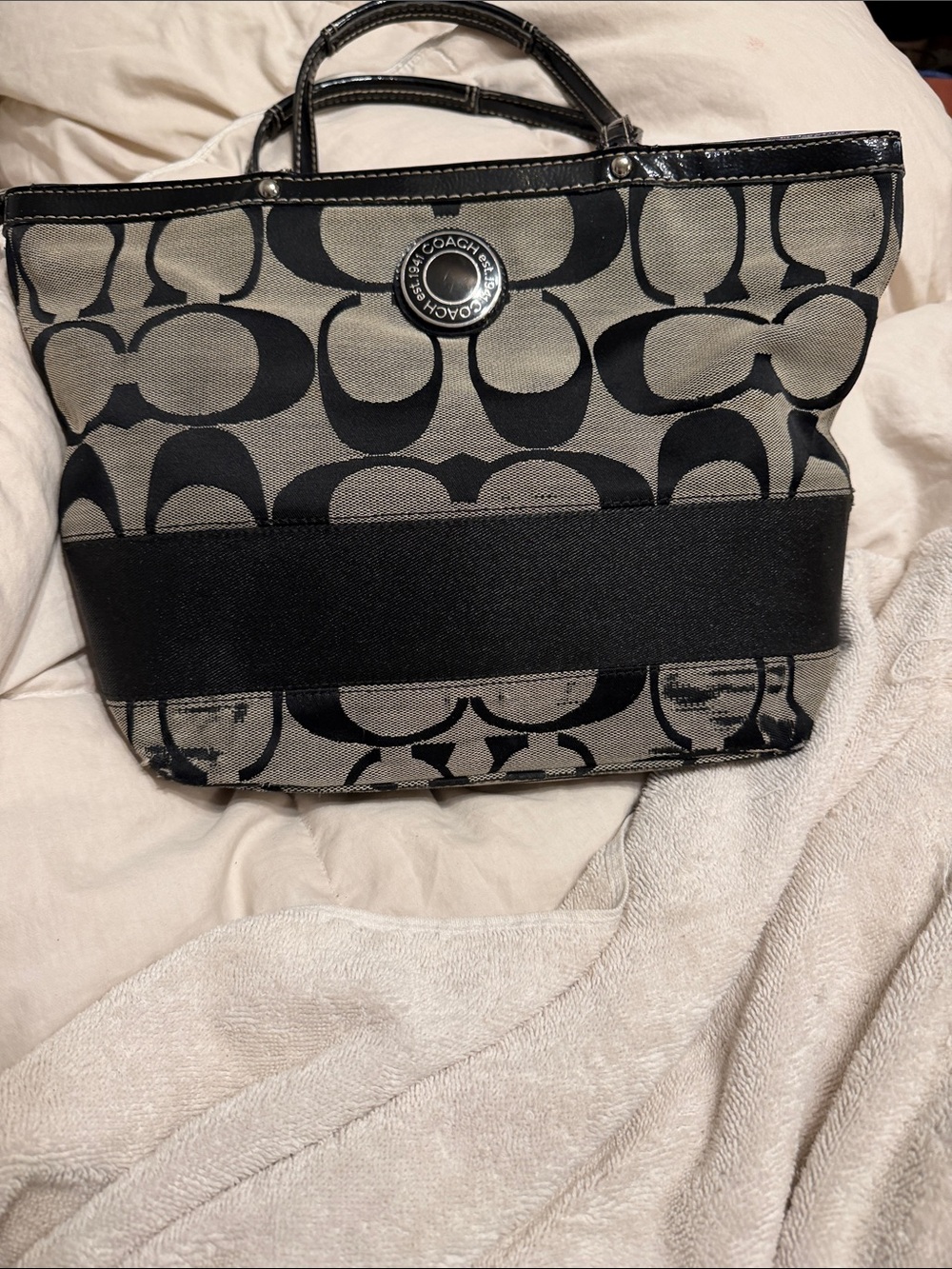 Coach Black and Khaki Signature Canvas Tote
